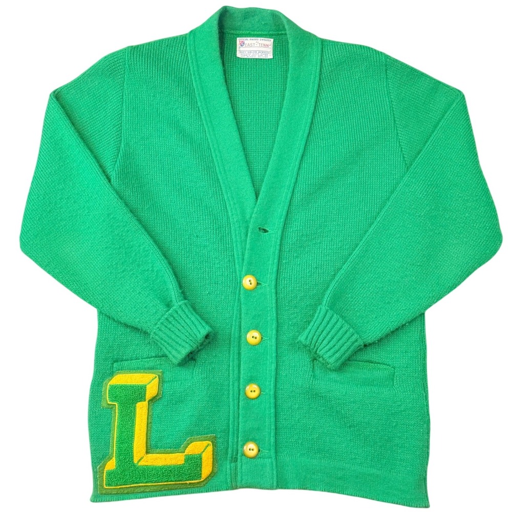 Vintage‎ East Tenn Letterman Cardigan Sweater Green 36 Varsity 70s